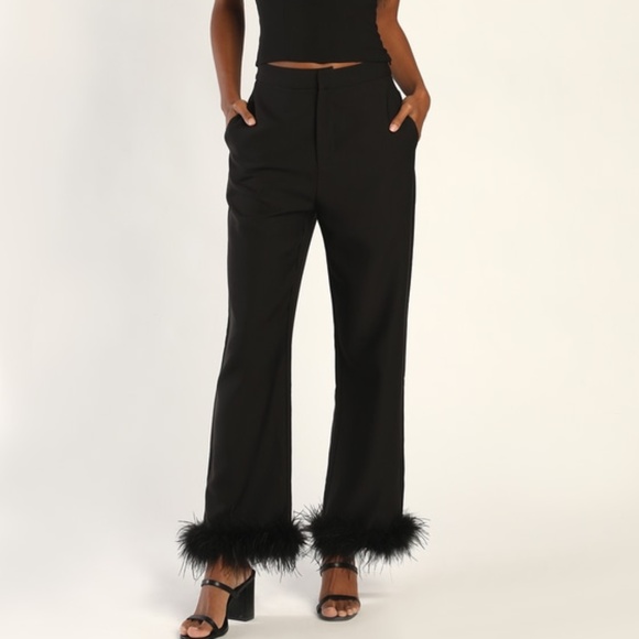 Lulus Flair For The Fabulous Black Feather Straight Leg Pants - Size L - Picture 1 of 7